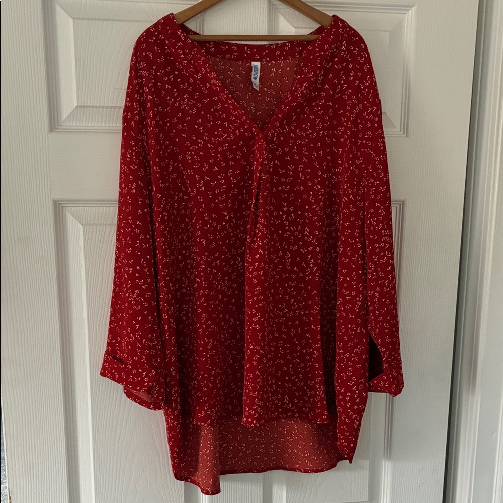 Viishow Red Tunic Top Size 2XL Patterned Design 3/4 Sleeves V-Neck